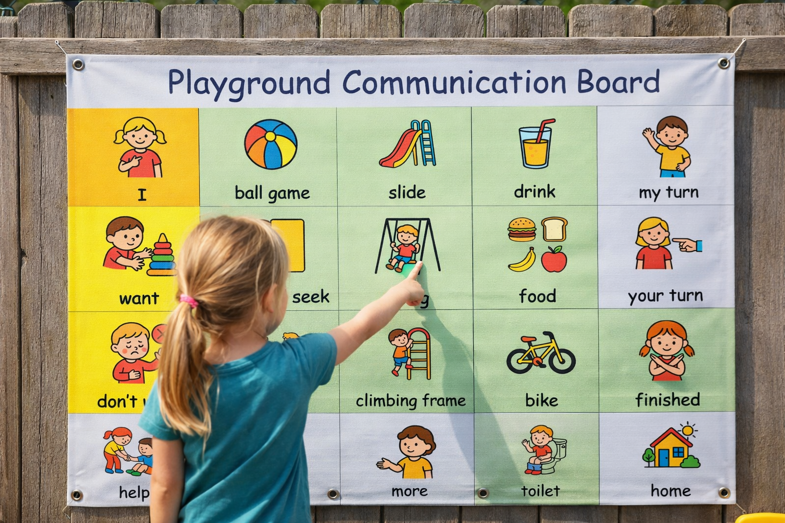 Child using a playground communication board to choose an activity during playtime