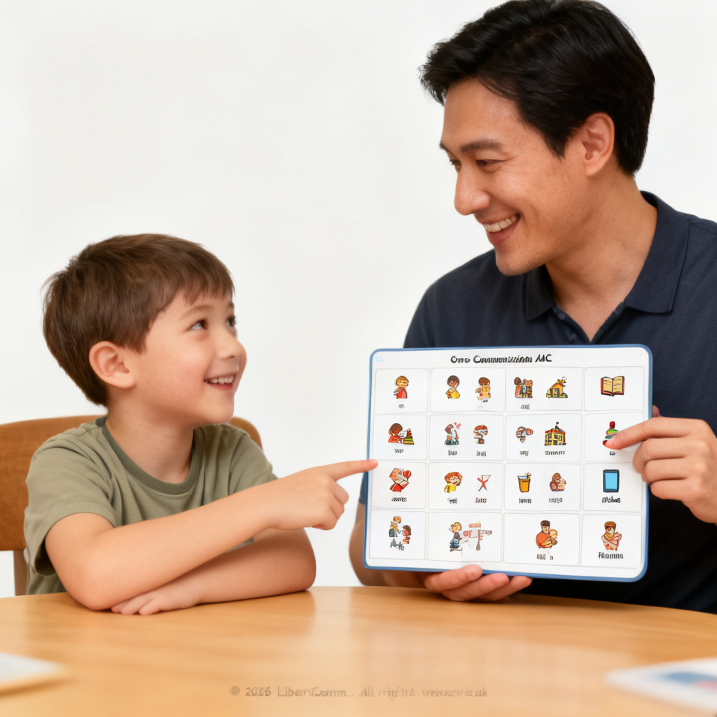 Adult and child using a communication board