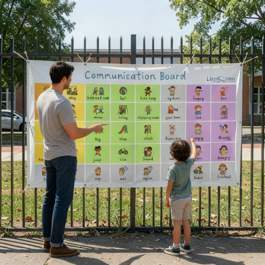 Adult and child using a playground communication board