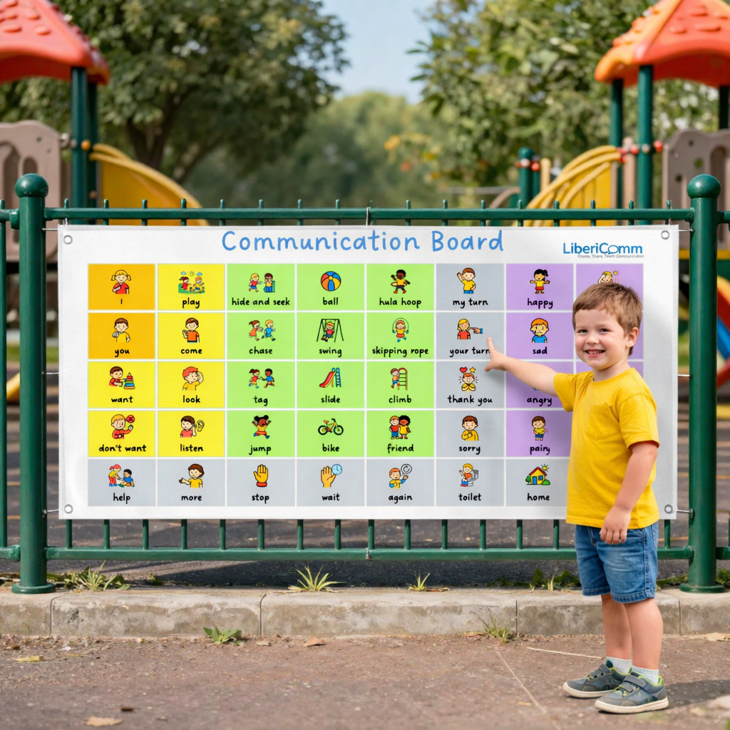 Child standing in front of a playground communication board