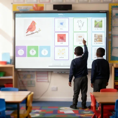 Children using sentence builder on interactive whiteboard