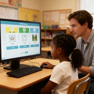 Child using sentence builder on computer