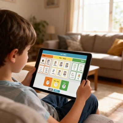 Child using sentence builder on tablet